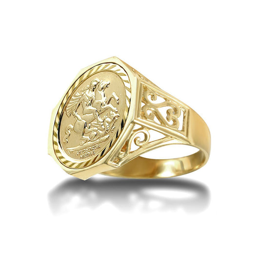 9ct Gold  Octagon Scroll St George Ring (Half Sov Size) - JRN179-H