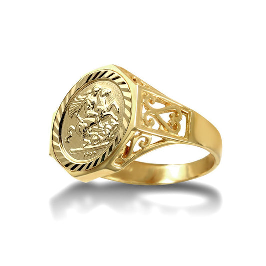 9ct Gold Octagon Scroll St George Ring (10th Ounce Coin Size) - JRN179-T
