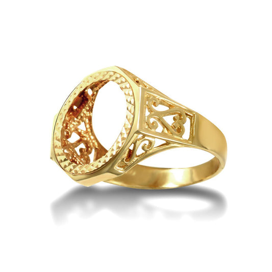 9ct Gold Octagon Scroll 10th Oz Kruger Brittania Coin Mount Ring - JRN179-T