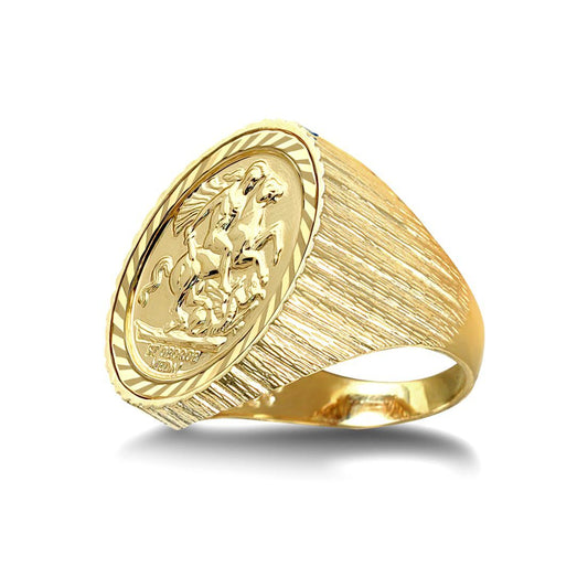 9ct Gold Ribbed Barked St George Ring (Full Sov Size) - JRN183-F