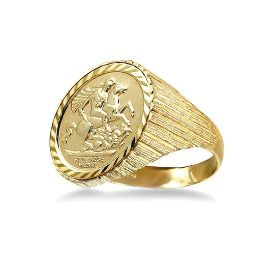 9ct Gold Ribbed Barked St George Ring (Half Sov Size) - JRN183-H