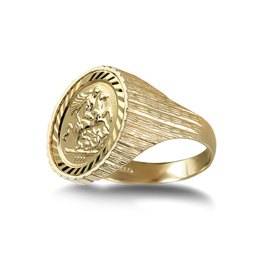 9ct Gold  Ribbed Barked St George Ring (10th Ounce Coin Size) - JRN183-T