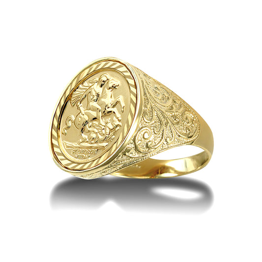 9ct Gold  Floral Engraved St George Ring (Full Sov Size) - JRN185-F