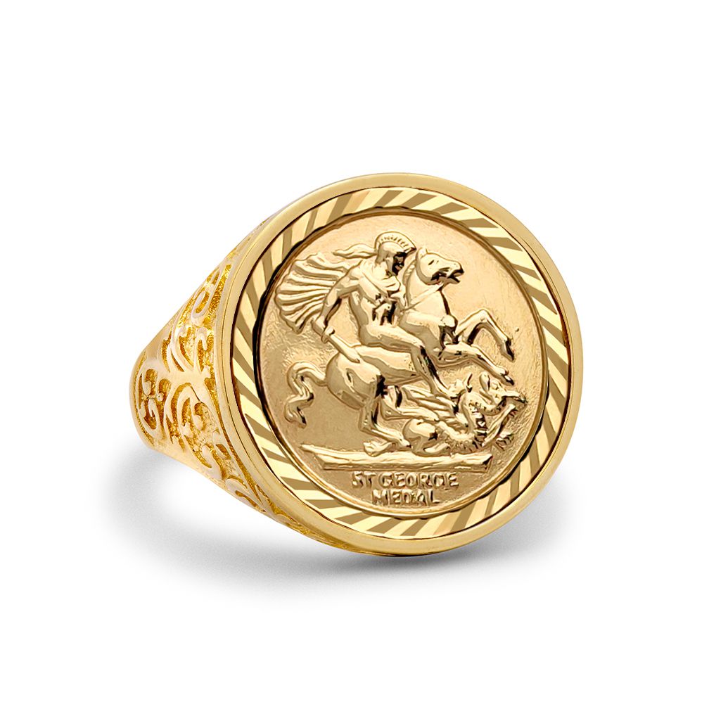 9ct Gold  Floral Engraved St George Ring (Full Sov Size) - JRN185-F