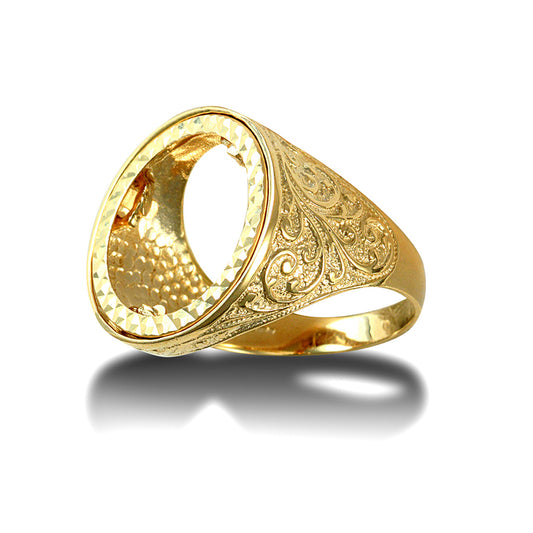 9ct Gold  Floral Engraved Full Sovereign Mount Ring - JRN185-F