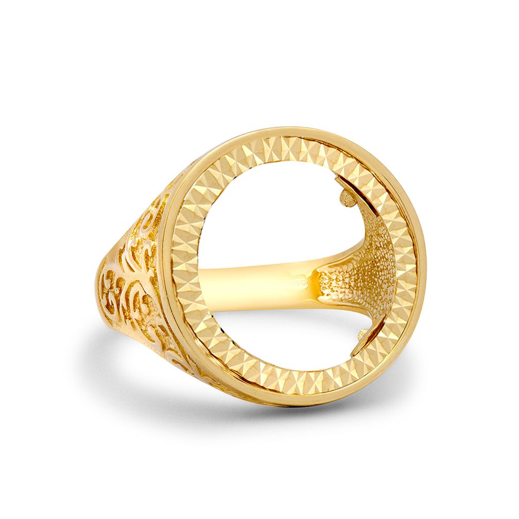 9ct Gold  Floral Engraved Full Sovereign Mount Ring - JRN185-F