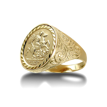 9ct Gold  Floral Engraved St George Ring (Half Sov Size) - JRN185-H