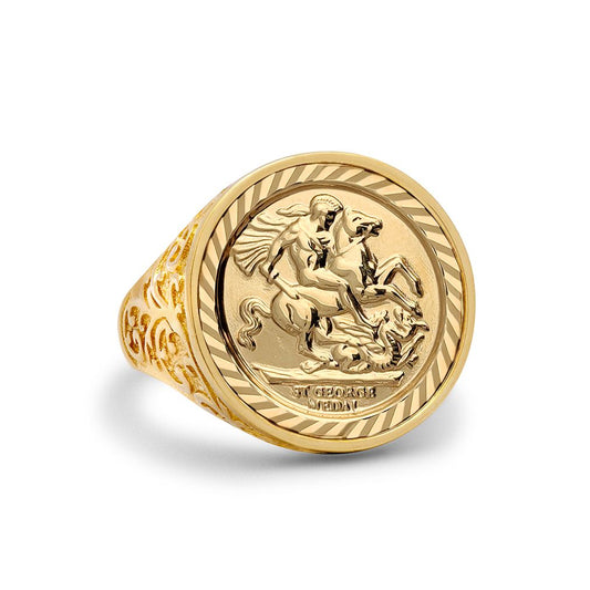 9ct Gold  Floral Engraved St George Ring (Half Sov Size) - JRN185-H