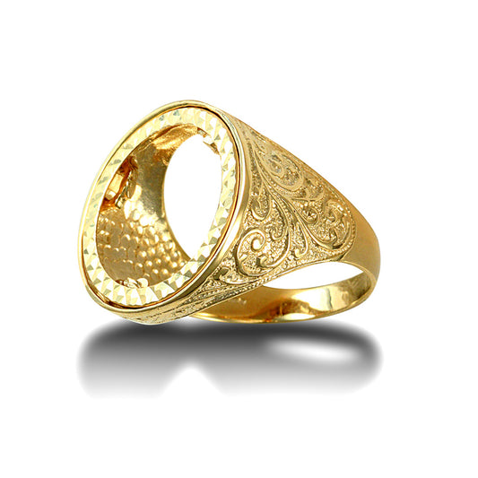 9ct Gold  Floral Engraved Half Sovereign Mount Ring - JRN185-H