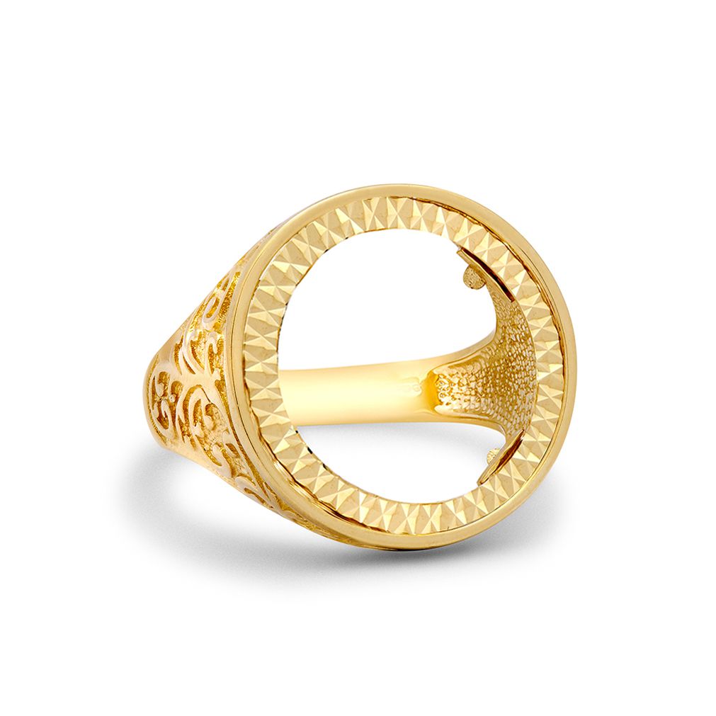 9ct Gold  Floral Engraved Half Sovereign Mount Ring - JRN185-H