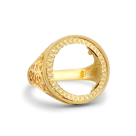 9ct Gold  Floral Engraved Half Sovereign Mount Ring - JRN185-H