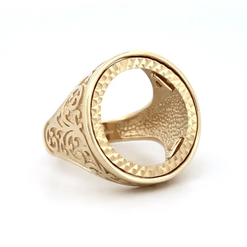 9ct Gold  Floral Engraved Half Sovereign Mount Ring - JRN185-H