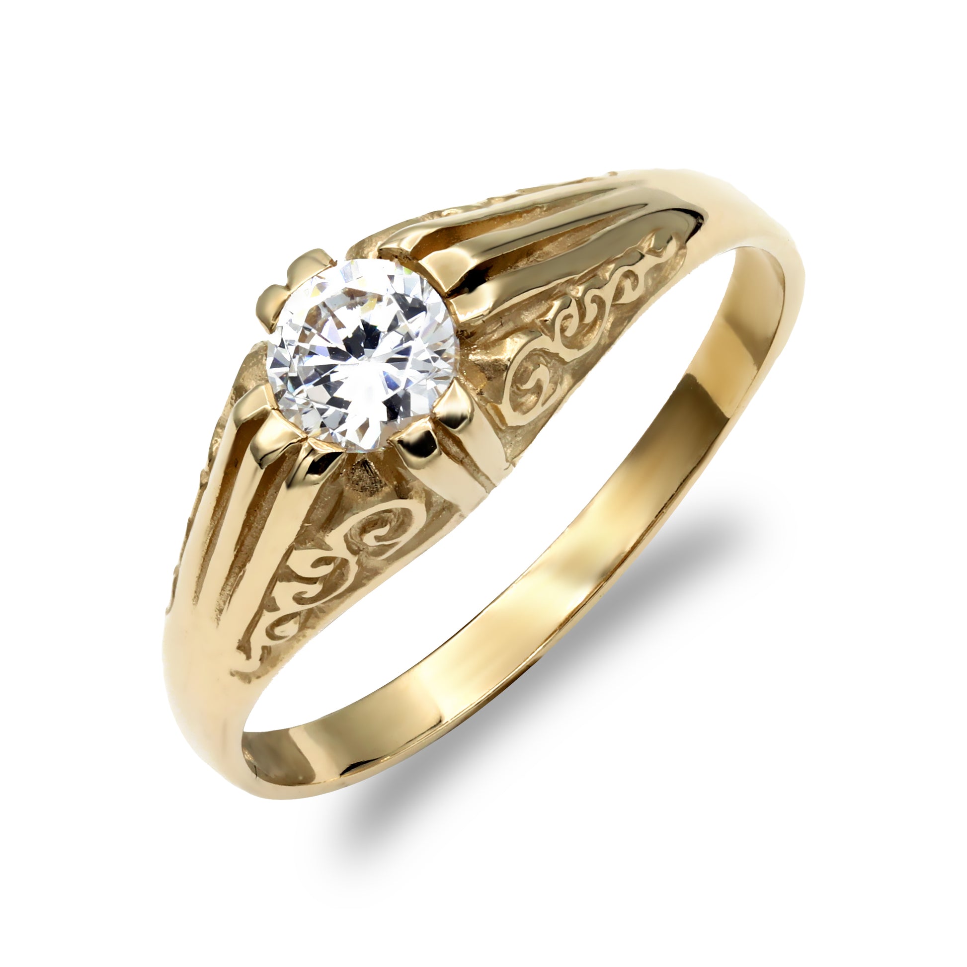 Mens 9ct Gold  CZ Solitaire Carved Gypsy Ring - JRN190