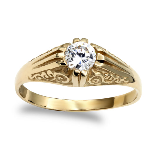 Mens 9ct Gold  CZ Solitaire Carved Gypsy Ring ½ Carat - JRN190