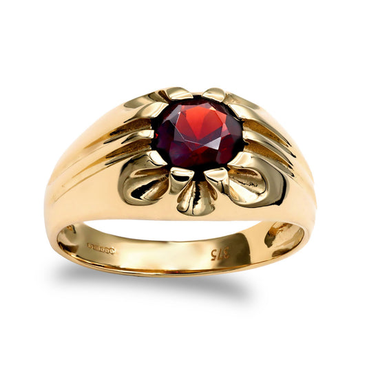 Mens 9ct Gold  Garnet 10 Claw Solitaire Gypsy Ring 6.5mm 1.00ct - JRN191
