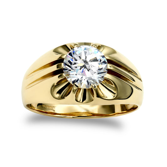 Mens 9ct Gold  CZ 10 Claw Solitaire Gypsy Ring 6.5mm 1 Carat - JRN192