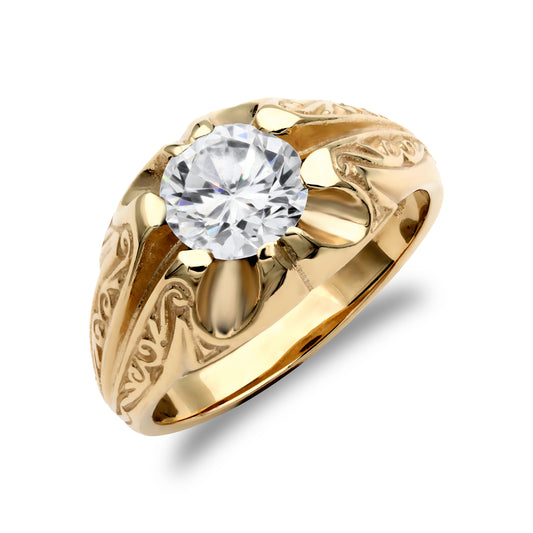 Mens 9ct Gold  CZ Solitaire Carved Gypsy Ring - JRN193