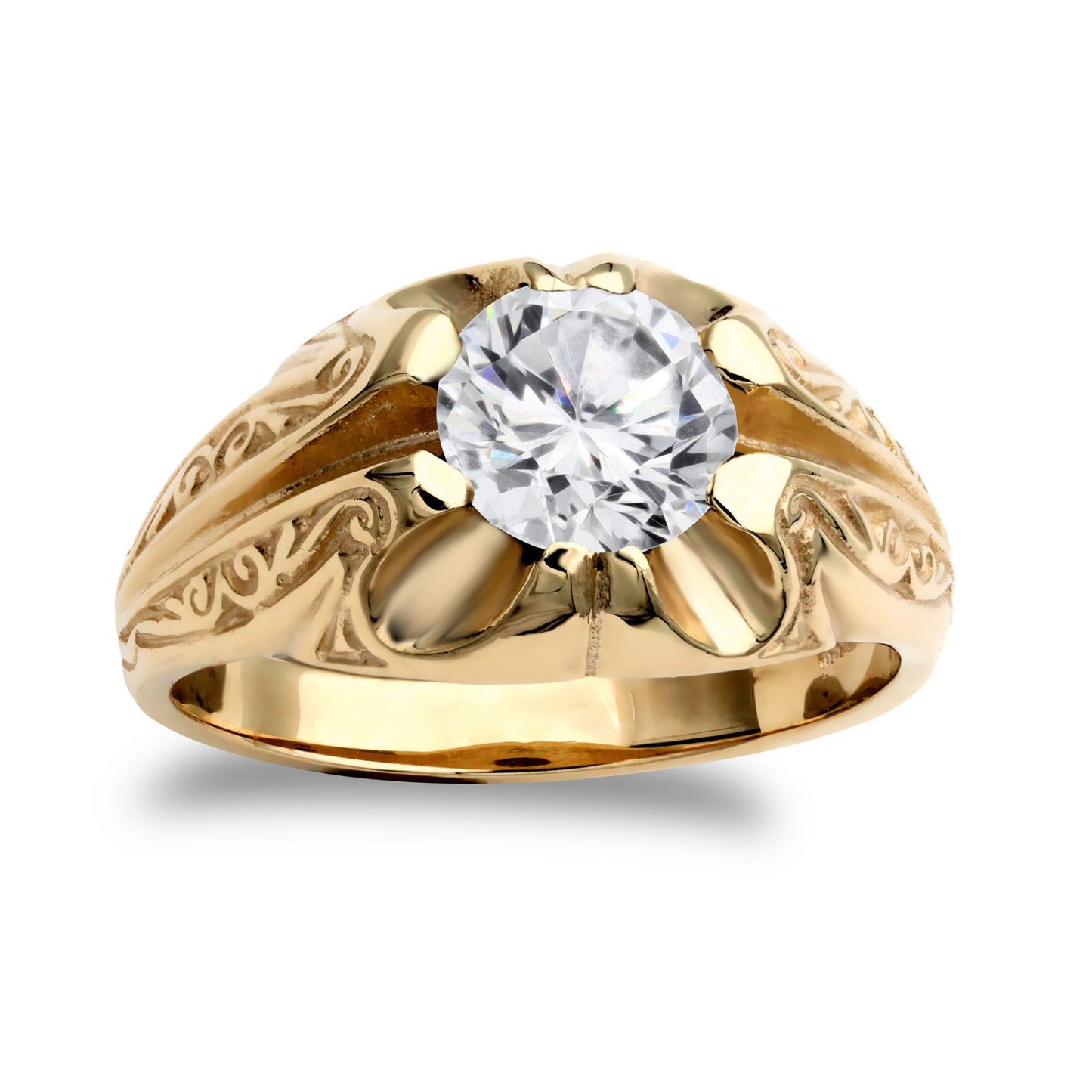 Mens 9ct Gold  CZ Solitaire Carved Gypsy Ring 8mm 2 Carats - JRN193