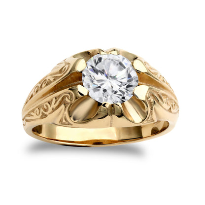 Mens 9ct Gold  CZ Solitaire Carved Gypsy Ring 8mm 2 Carats - JRN193