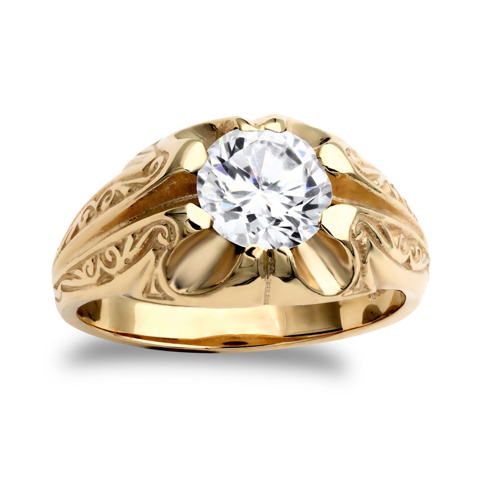 Mens 9ct Gold  CZ Solitaire Carved Gypsy Ring 8mm 2 Carats - JRN193