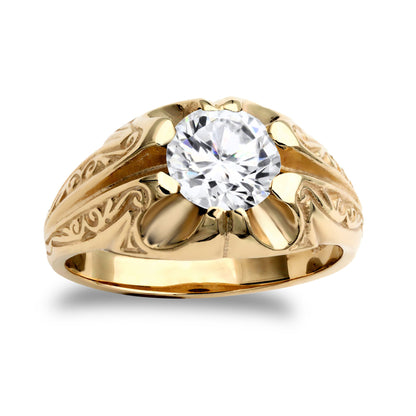 Mens 9ct Gold  CZ Solitaire Carved Gypsy Ring 8mm 2 Carats - JRN193