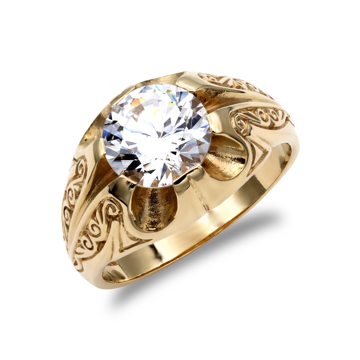 Mens 9ct Gold  CZ Solitaire Carved Gypsy Ring - JRN194