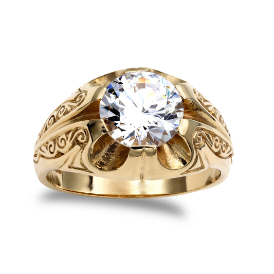 Mens 9ct Gold  CZ Solitaire Carved Gypsy Ring - JRN194