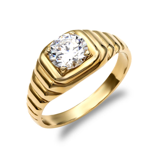 Mens 9ct Gold  CZ Solitaire Ribbed Gypsy Ring - JRN195
