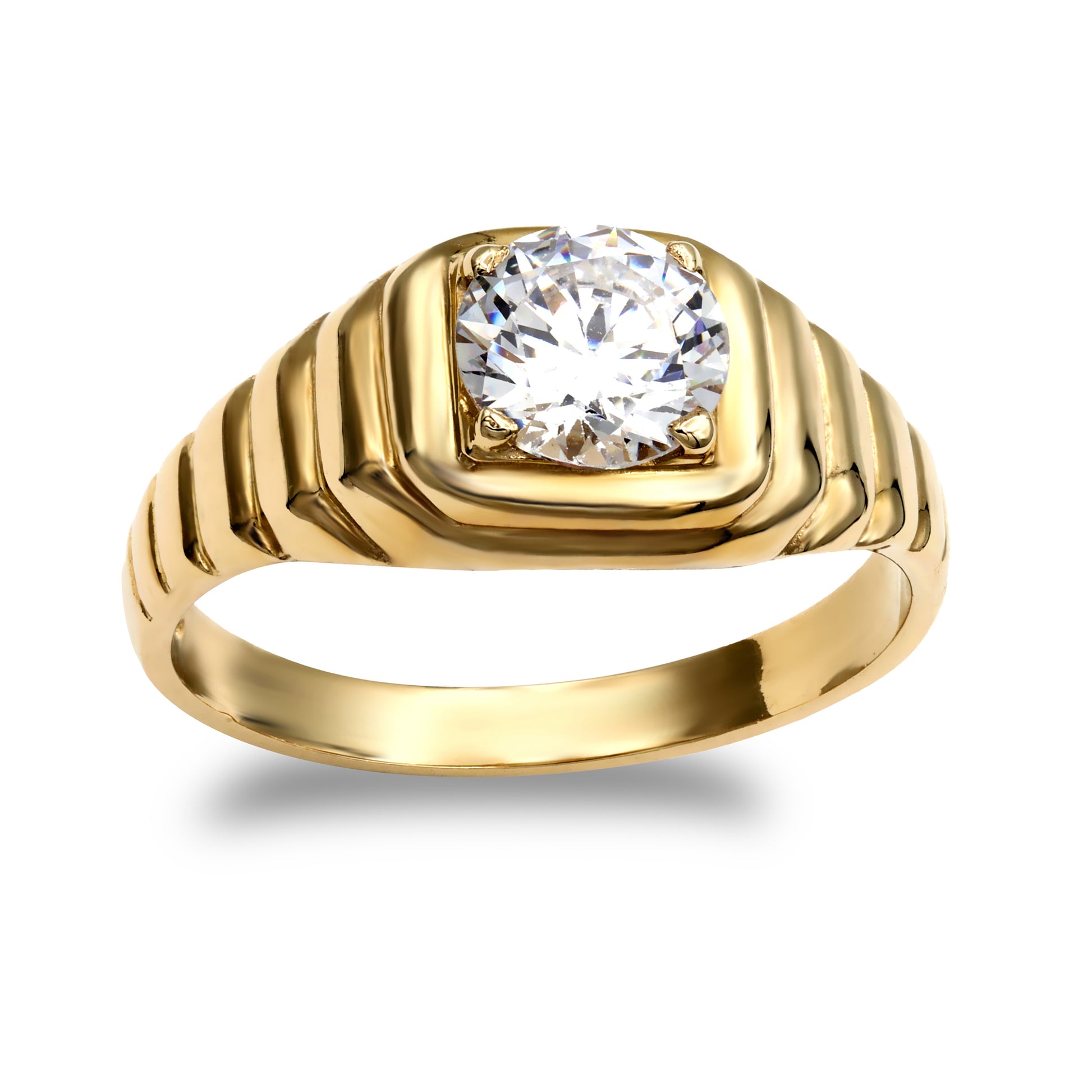 Mens 9ct Gold  CZ Solitaire Ribbed Gypsy Ring - JRN195