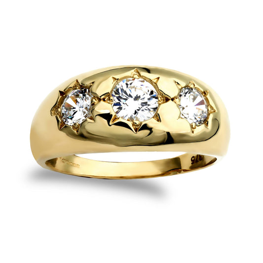 Mens 9ct Gold  CZ Star Set 3 Stone Trilogy Gypsy Ring - JRN196