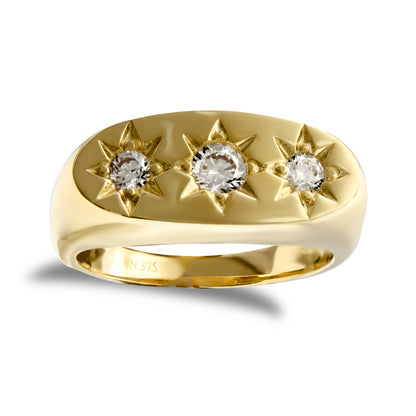 Mens 9ct Gold  CZ Star Set 3 Stone Trilogy Gypsy Ring - JRN197