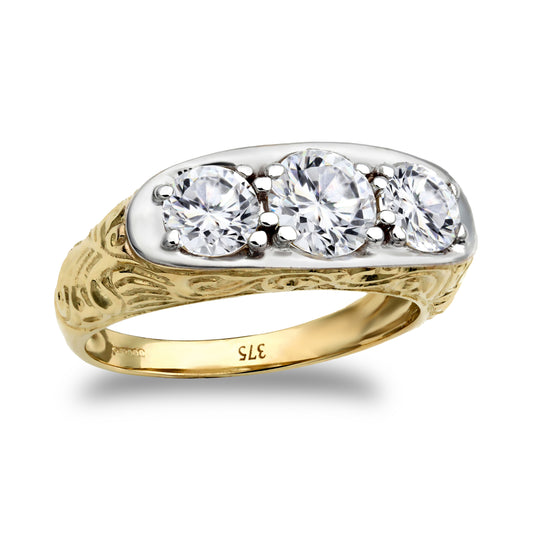 Mens 9ct 2-Colour Gold  CZ 3 Stone Trilogy Carved Gypsy Ring - JRN198