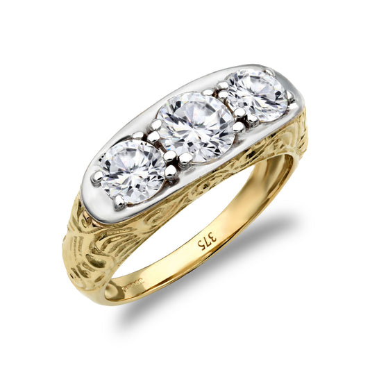 Mens 9ct 2-Colour Gold  CZ 3 Stone Trilogy Carved Gypsy Ring - JRN198