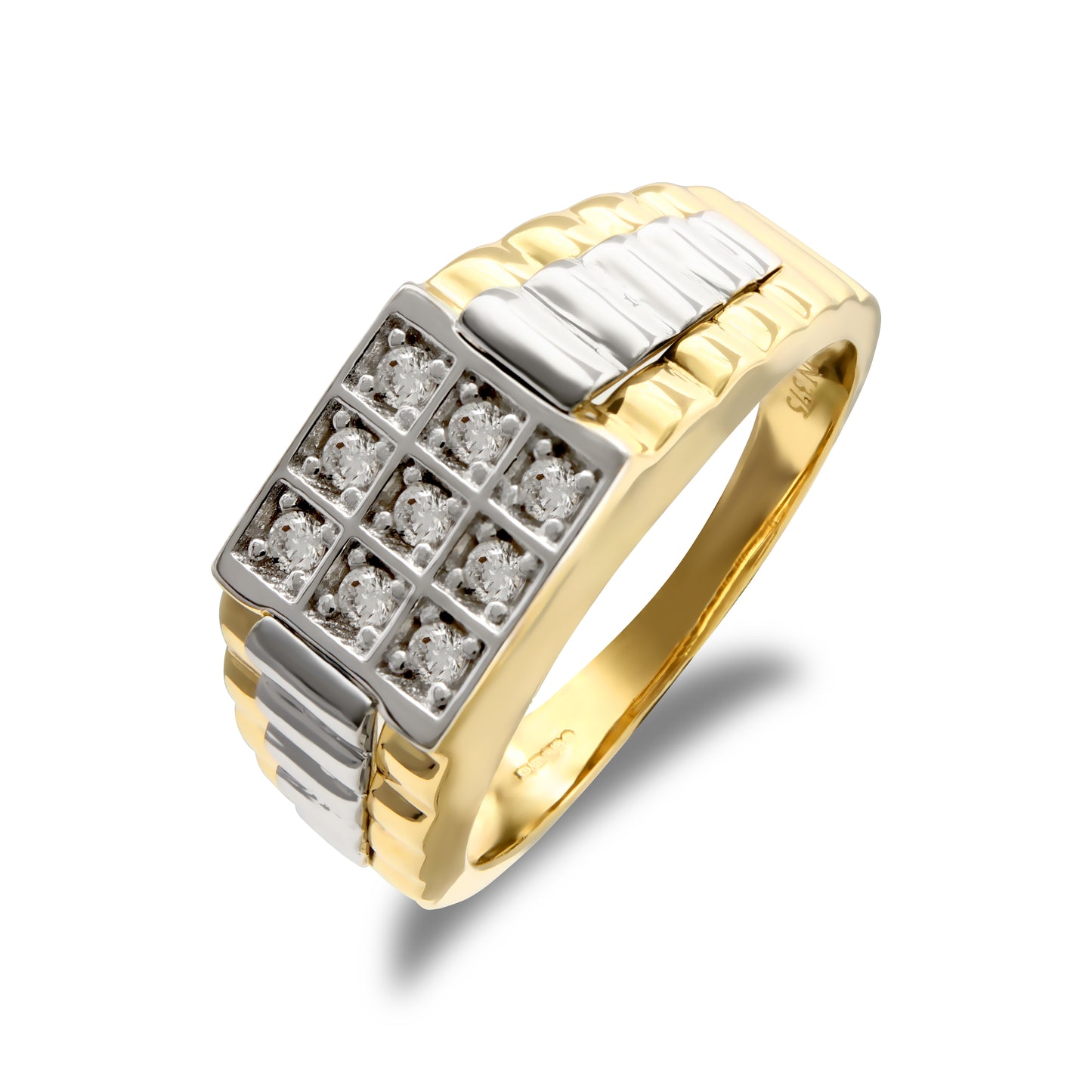 Mens 9ct 2-Colour Gold  CZ 9 Stone Square Cluster Signet Ring - JRN204