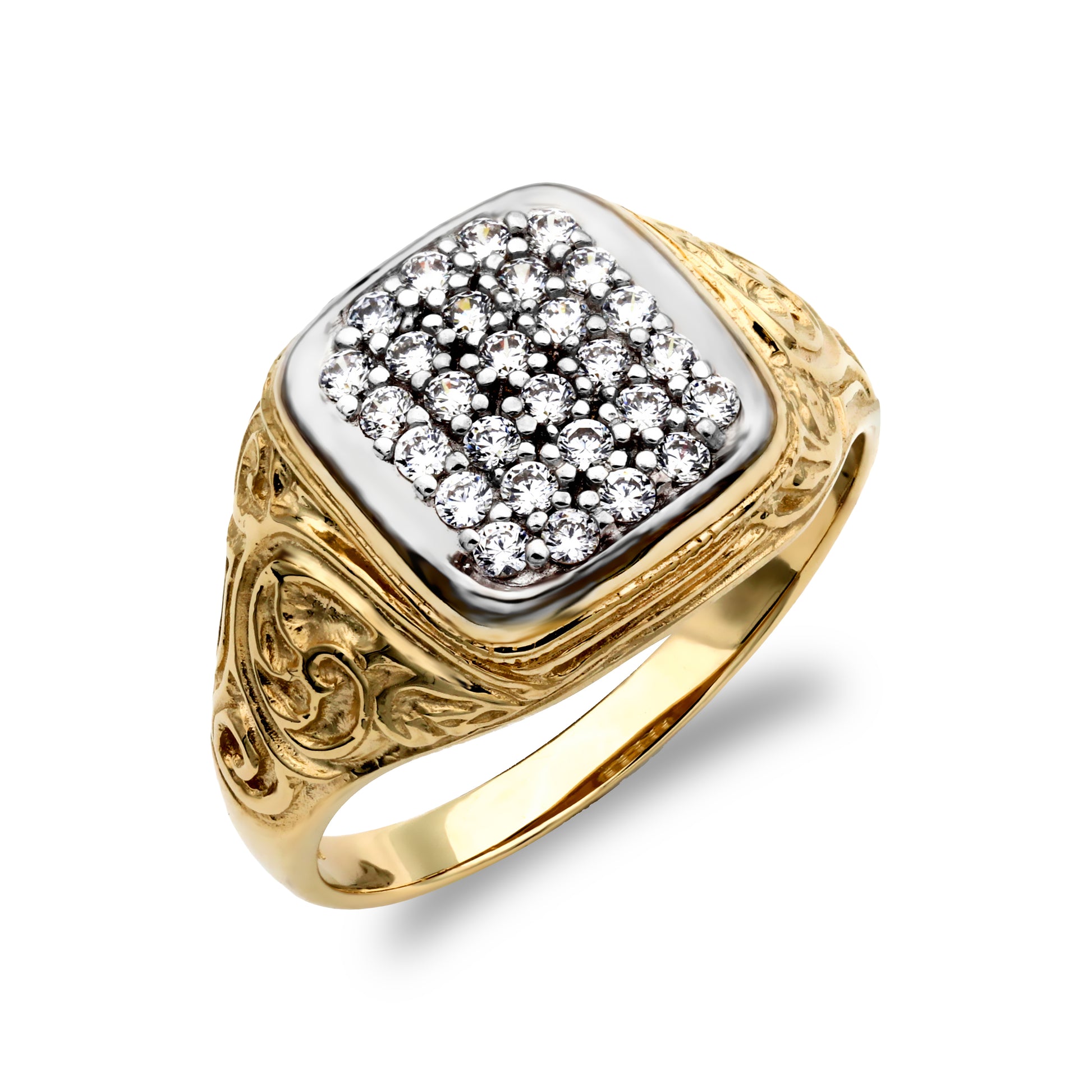 Mens 9ct 2-Colour Gold  CZ Pave Cushion Cluster Carved Signet Ring - JRN205
