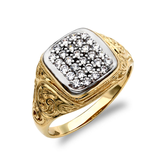 Mens 9ct 2-Colour Gold  CZ Pave Cushion Cluster Carved Signet Ring - JRN205