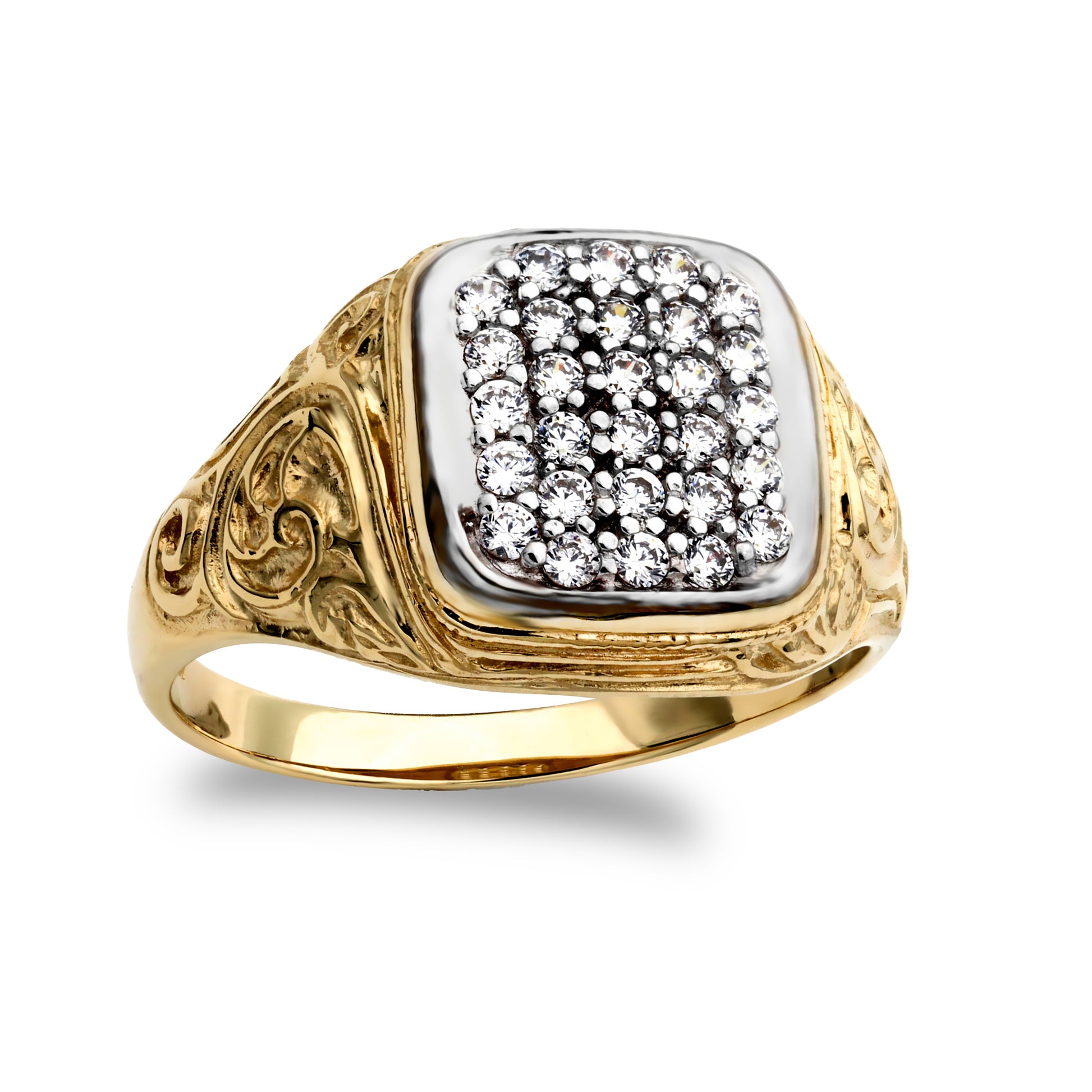 Mens 9ct 2-Colour Gold  CZ Pave Cushion Cluster Carved Signet Ring - JRN205