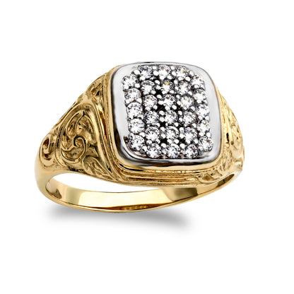 Mens 9ct 2-Colour Gold  CZ Pave Cushion Cluster Carved Signet Ring - JRN205