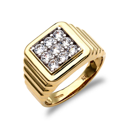 Mens 9ct Gold  CZ 9 Stone Square Cluster Ribbed Signet Ring - JRN206