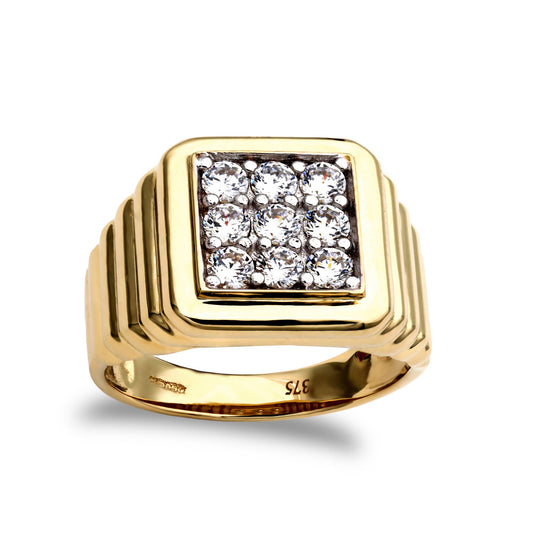 Mens 9ct Gold  CZ 9 Stone Square Cluster Ribbed Signet Ring - JRN206