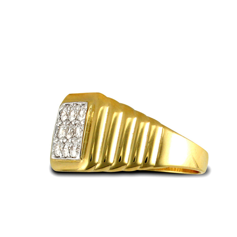 Mens 9ct Gold  CZ 9 Stone Square Cluster Ribbed Signet Ring - JRN206