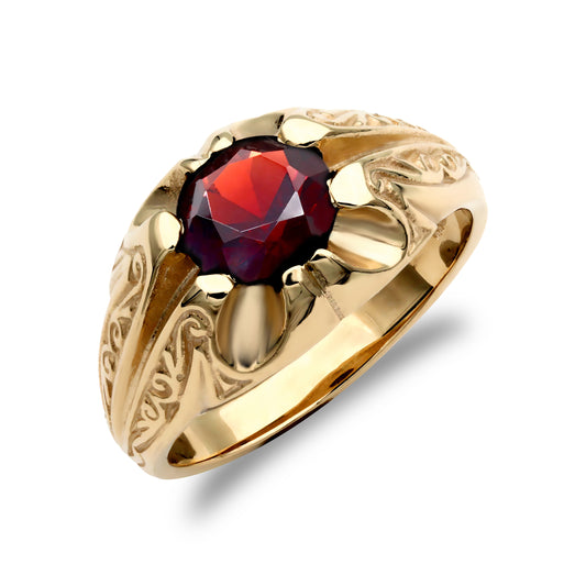 Mens 9ct Gold  Garnet Solitaire Carved Gypsy Ring - JRN212