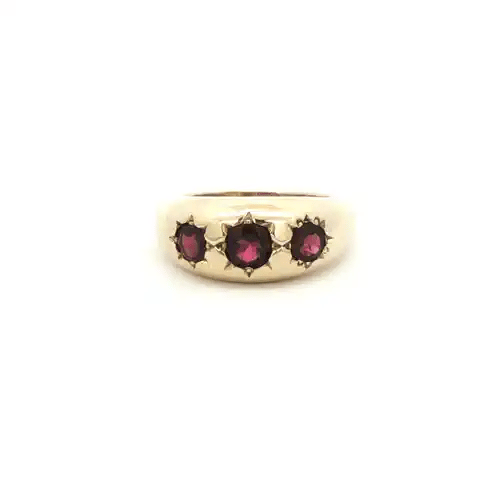 Mens 9ct Gold  Garnet Star Set 3 Stone Trilogy Gypsy Ring - JRN215