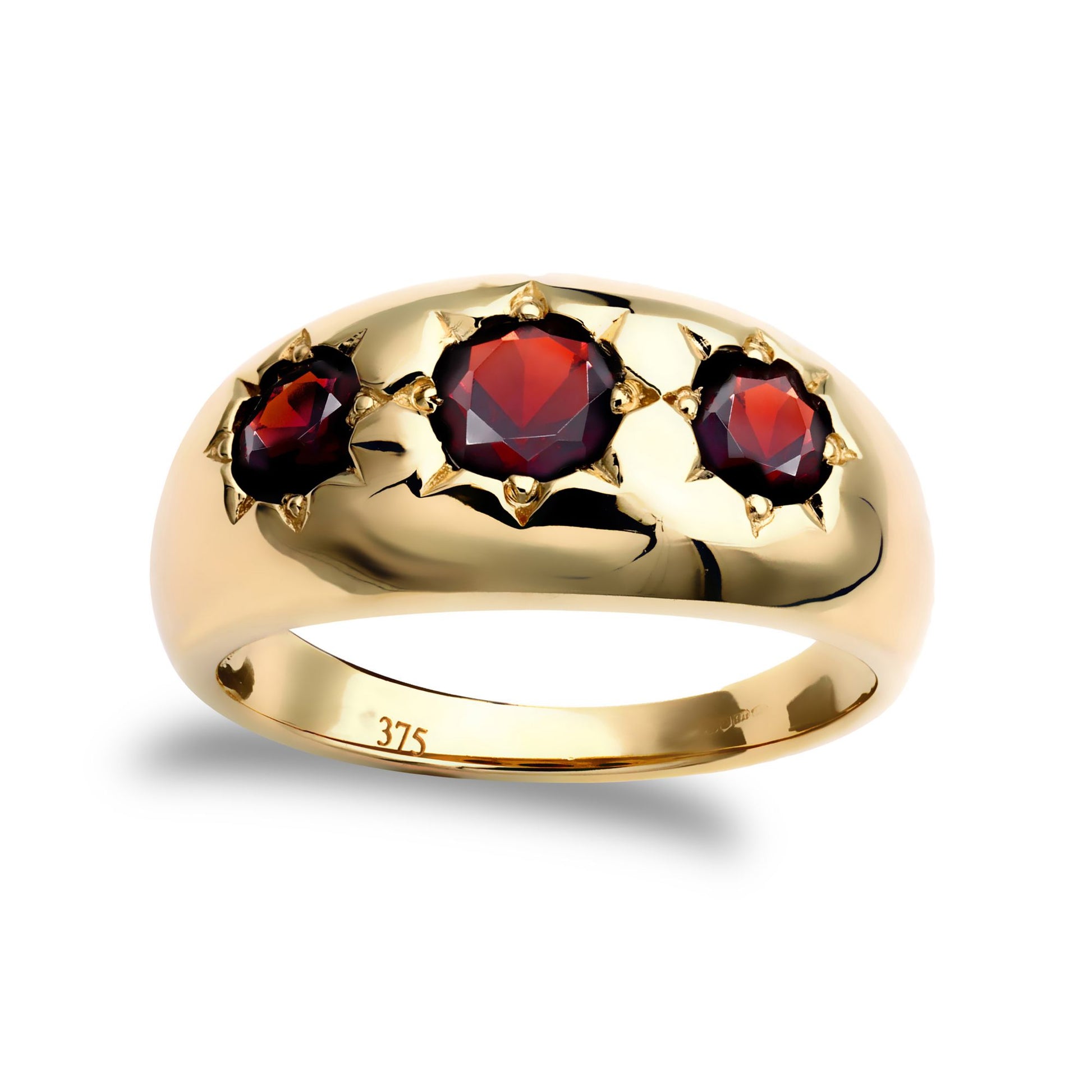 Mens 9ct Gold  Garnet Star Set 3 Stone Trilogy Gypsy Ring - JRN215