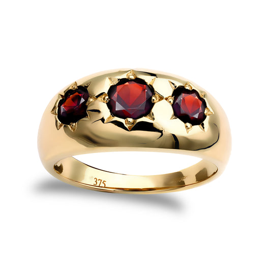 Mens 9ct Gold  Garnet Star Set 3 Stone Trilogy Gypsy Ring - JRN215