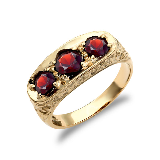 Mens 9ct Gold  Garnet 3 Stone Trilogy Carved Gypsy Ring - JRN216