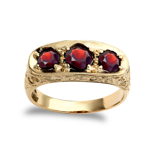 Mens 9ct Gold  Garnet 3 Stone Trilogy Carved Gypsy Ring - JRN216