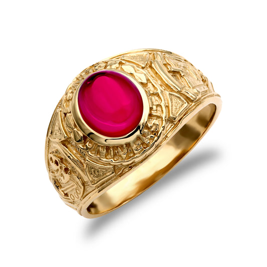 Mens 9ct Gold  Ruby-Red Oval Cabochon CZ University College Ring - JRN341