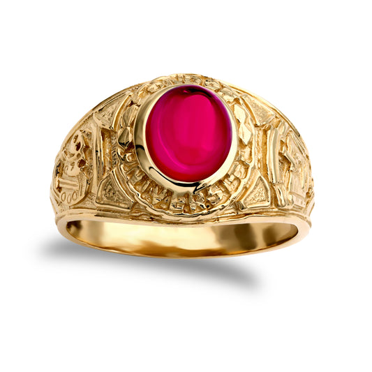 Mens 9ct Gold  Ruby-Red Oval Cabochon CZ University College Ring - JRN341