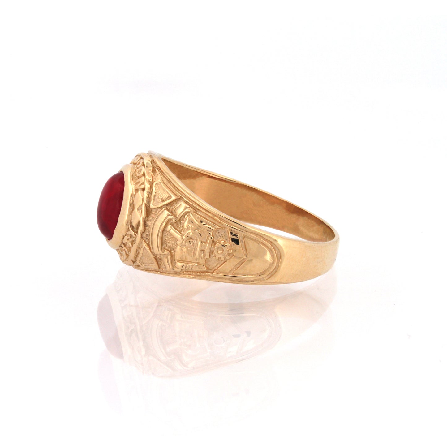 Mens 9ct Gold  Ruby-Red Oval Cabochon CZ University College Ring - JRN341